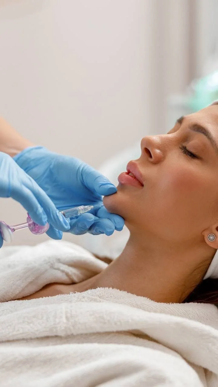 Atendimento facial com profissional de luvas junto ao rosto da cliente