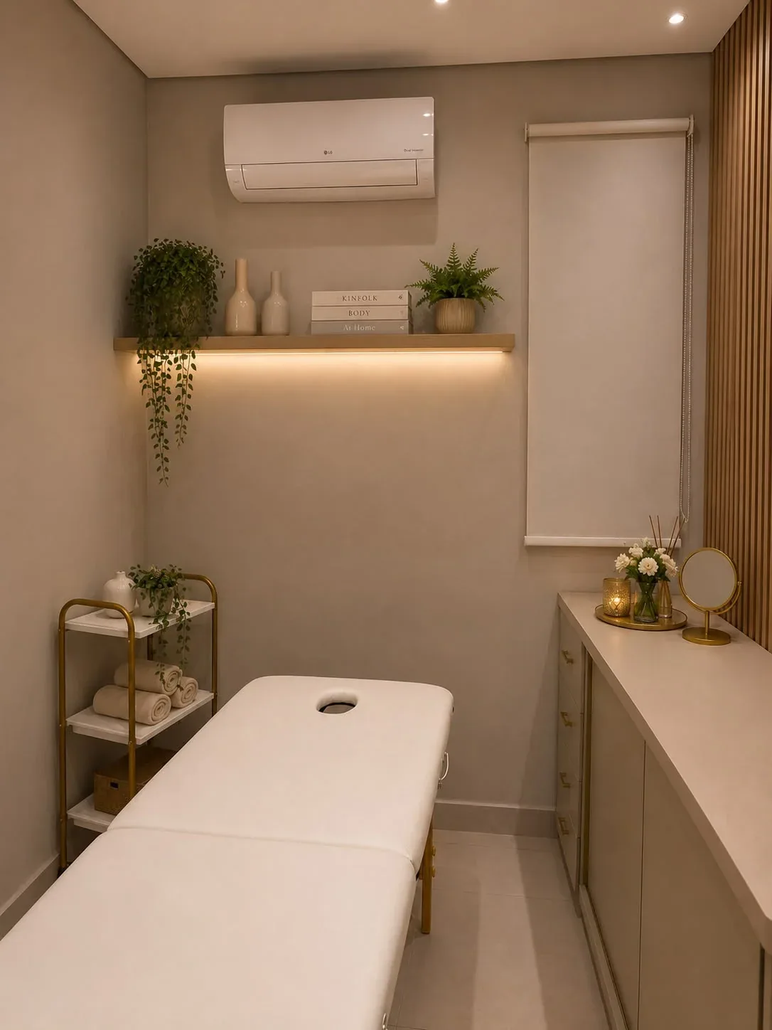 Sala com maca branca, bancada, plantas e prateleira com iluminação indireta.