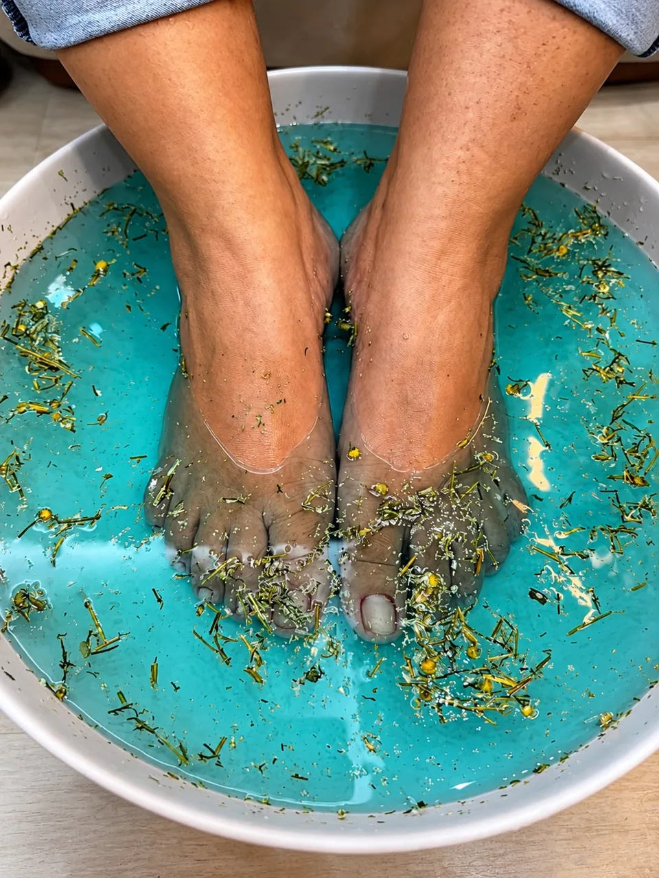 Pés em uma bacia com água e ervas durante o atendimento
